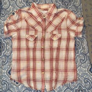 Junior’s Red and White Plaid Button Down Shirt